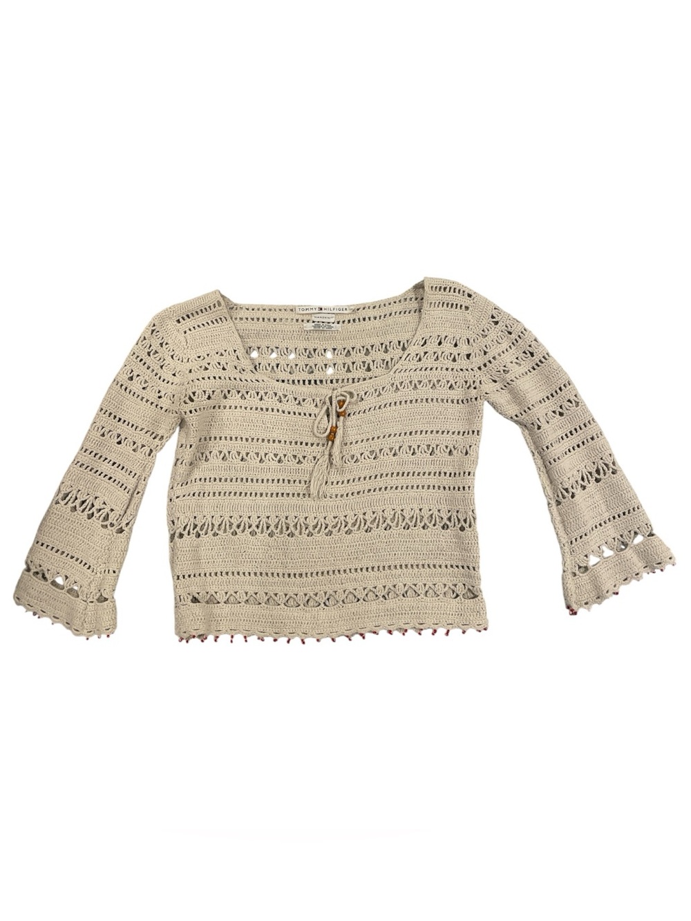Tommy Hilfiger Handknit Crocheted 3/4 Sleeve Sweater Cream Size M